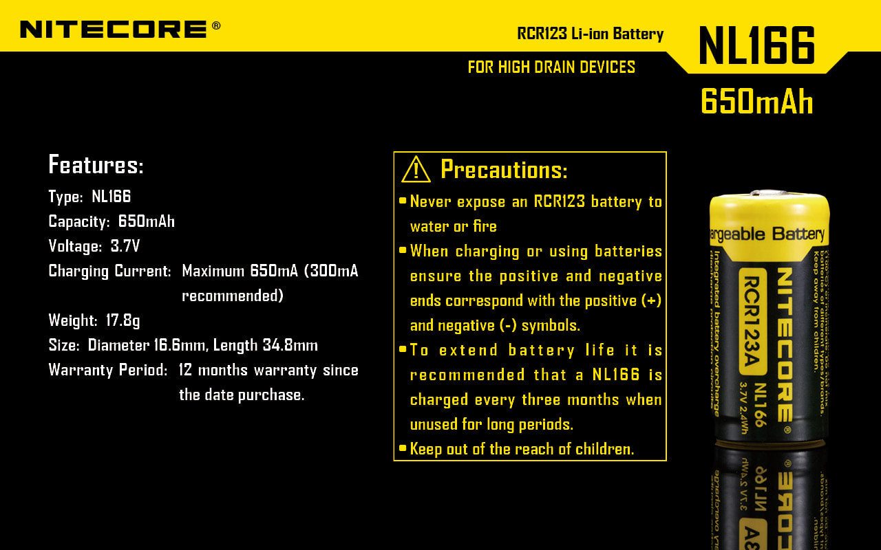 Nitecore CR123A High Discharge Rechargeable Battery NL166