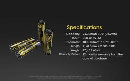 Nitecore 18650 2600mAh USB-C Battery NL1826R