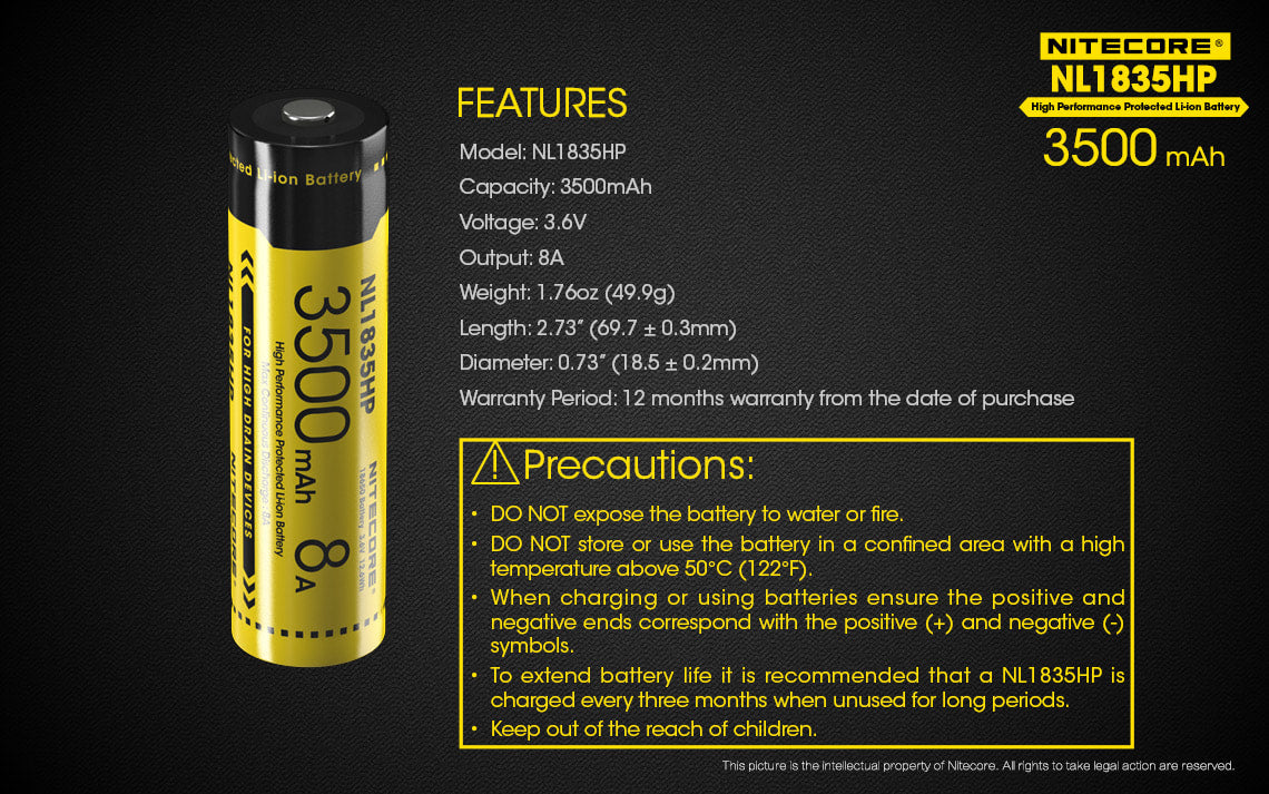 Nitecore High Performance Protected Li-Ion Battery - NL1835HP