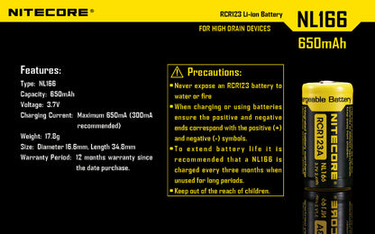 Nitecore CR123A High Discharge Rechargeable Battery NL166